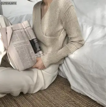Naiste Talve-Kevade Pullover Tüdrukutele Tops Kudumise Vintage Pikad Varrukad Elegantne Naiste Kootud V-Kaeluse Armas Kampsun