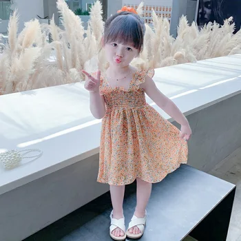 Tüdrukute Vabaaja Kleidid 2021 Uusi Suvel Teise Lapse Tüdrukud Korea Printsess Vestidos Varrukateta Laste Õie Sifonki Riided