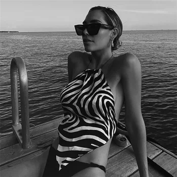 Loomade Printida Moe Päitsed Crop Top Seksikas Naiste Suvel Backless Varrukateta Sall Tank Kärbitud Puhkust Beachwear Zebra StripeTop