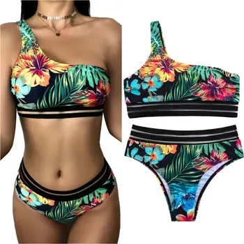 Naiste Bikinis Set Õie Trükitud Seksikas Polsterdatud Bikiinide Komplekt Ühe Õla Supelrõivad Trikoo Beachwear Naiste Ujumistrikoo