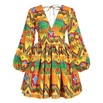Aafrika Kleidid Naistele Dashiki Print V Kaelus Pikad Varrukad Ankara Aafrika Backless Kleit Lukuga Vestidos Kõrge Vöökoht Riided