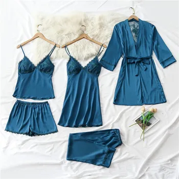 Seksikas Sleepwear 5TK Pidžaama Komplekt Naistele Siidine Nightwear Faux Siidist Rüü Kimono Hommikumantel Kleit Koos Pits Pehme Intiimne Pesu