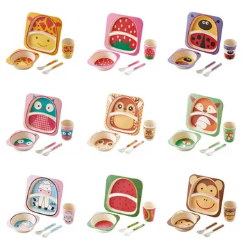 Bamboo laste toidunõude komplekt, loominguline cartoon kaussi, grid taldrik, lusikas, kahvel, tass, viie-osaline kingitus lauanõud