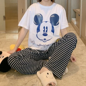 M-2XL Pluss Suurus Anime Disney Miki Hiir Vabaaja Conjuntos De Mujer Suvel Print T-Särk ja Triibuline Pidžaama Püksid Komplekt Naistele