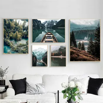 Põhjamaade Järv, Jõgi, Mägi, Lõuend Print Skandinaavia Metsa Paat Maastiku Maali Poster Kaasaegne Seina Art Pictures Home Decor