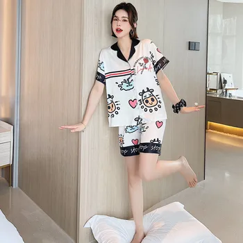 2021 Uus Naiste Pidžaama Komplekt Daamid Satiin Lühikesed Varrukad Sleepwear 2tk Cute Cartoon Trükkimine Suvel Lounge Nightwear Homewear