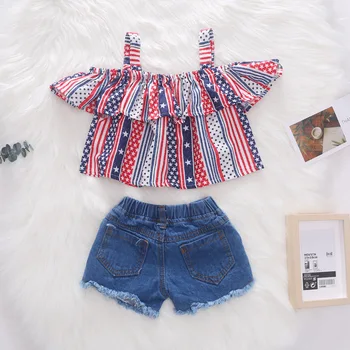 Lapsed tüdrukute riiete komplekt-Ameerika Lipu tähed muster top ruffled varrukateta särk, pael + auk, lohk välja denim jeans lühikesed püksid