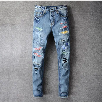 Uus High street fashion brand new ripitud teksad mees isiksuse värvi plaaster venitada slim salenemisele püksid Püksid 675