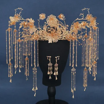 JaneVini Uued Luksus Ehted Hiina Pruudi Headpiece Kuld Pärlitest Lill Pulmad Juuksed Crown Tutt Kostüüm Etapp Juuste Aksessuaarid