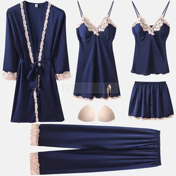 5TK Magada Set Seksikas Pidžaama Ülikond Naiste Vabaaja Nightgowns Pits Kodus Riideid Satiin Sleepwear Nightwear V-Kaeluse Intiimne Pesu