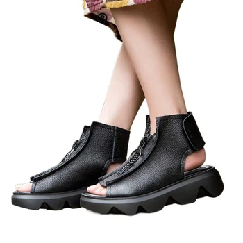 Sandaalid Vintage Paks Sandaalid Naiste Kvaliteetne Nahast Lukuga Paksu Põhjaga Paksu Retro Väljas Beach Sandaalid 2021 Uus