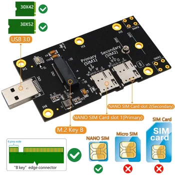 NGFF(M. 2) USB 3.0 Adapter koos kahe NANO-SIM-Kaardi Pesa 3G/4G/5G Moodul Toetab 3042/3052 Tüüp M. 2 Võtit B-Kaardi Must