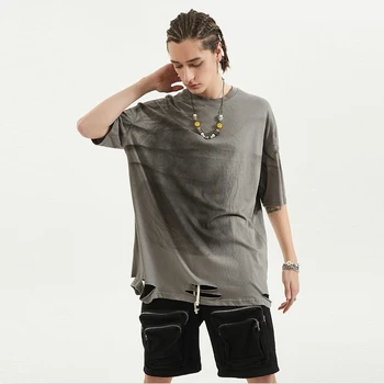 ELKMU Streetwear T-särk Lõigatud Disain Mood Vintage Tshirt Mehed Suvel Tops Tees Lühikesed Varrukad Mens Mõõdus Särk Puuvillane HM181