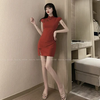 Naiste Hiina Stiilis Retro Cheongsam Punane Roosa Qipao Kleidid Ööklubi Baar Seksikas Tants Bodycon Mini Seelik Poole Mini Kleit Vestidos