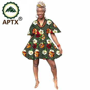 2021 Uus Aafrika Naiste Riided Ankara Stiil V Krae, Lühike Varrukas Seksikas Lilleline Seelik Üle Põlve Vaha Puhtast Puuvillast Elegantne Armas