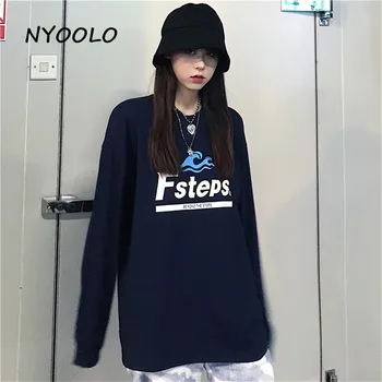 NYOOLO Sügisel Streetwear Vintage lihtne tähed prindi pikk varrukas T-särk, naiste, meeste Vabaaja lahtine O-kaeluse hip-hop tops tee
