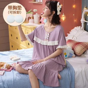 Naiste Nightdress Suvel Puuvillased Lühikesed Varrukad Nightgowns Korea Armas Naiste Valge Pits Nightdress Pluss Suurus Pehme Lilla Sleepwear