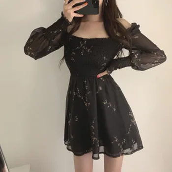 2021 Kevadel Naiste Seksikas Must Kleit Vintage Õie Kaua, Puhvis Varrukad Sifonki Kleidid korea Vabaaja Mini kleit Riided