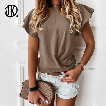 Elegantne Ruffle Lühikese Varrukaga T-särk, Naiste (Solid Color Suvel Tops Uued Vabaaja Streetwear Suvel Läbilöök Tee Tüdruk Saagi Tops