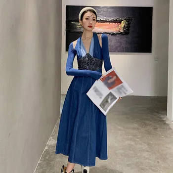 ECRURANI Sinine Elegantne Kleit Naistele V-Kaelus Pikk Varrukas Kõrge Vöökoht Segast Midi Kleidid Naiste Suve Riided 2021 Uus Stiil