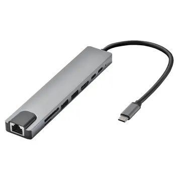 1 Tk 8In1 Usb-C 3.1-Type-C Usb 3.0 Jaotur on HDMI-ühilduvate Rj45 Ethernet Mikro-Security Digital Mälukaart Tf Otg Adapter