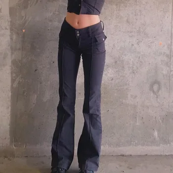 Esteetika Slim Madal Vöökoht Põletatud Püksid Vintage Taskud Tahke Y2K Püksid Sügis 90s Mood Mustad Püksid