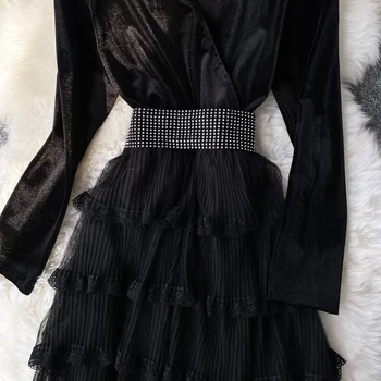 Seksikas V-kaelus Must Pool Kleit Elegantne Kõrge Vöökoht Ruffle Velvet Segast Midi Kleit Tiivad Vöö Naiste Mood Sügisel 2020