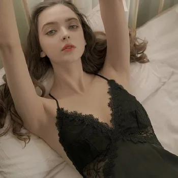 Naiste Seksikas Pesu Nightgowns Prantsuse Mugav Backless Päitsed Pits Pilduma Nightdress Silk Sleepwear Näha Läbi Magab Kleit