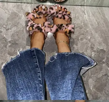 Double-layer bowknot rebane karusnaha moe ühe-line karusnaha kingad pluss suurus leopard printida ms sussid 2020 korter kodus naiste sandaalid