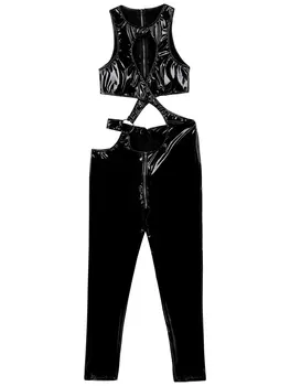 Naiste Erootiline Naistepesu Bodysuit Lakknahast Lukuaugu Õõnes Läbi Lukuga Seksikas Catsuit Clubwear Ümber Kaela Bodycon Jumpsuits