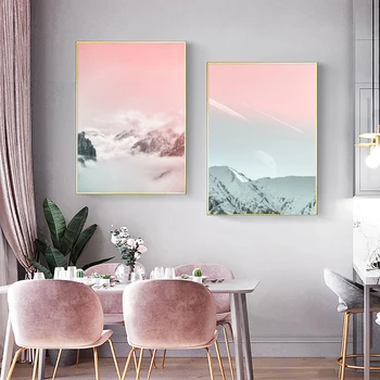 Põhjamaade plakat roosa taevas, udu, lumi, mägi, puu, seina art õli värvimine ja trükkimine maastiku seina pilt elutuba kodu kahanda