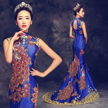 Luksuslik Royal Blue Tikitud Hiina Õhtu Kleit Pikk Cheongsam Pruudi Pulmas Qipao Merineitsi Vastuvõtva Kleidid Oriental Qi Pao