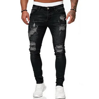 2021 Meeste Teksad Hip-Hop Must Moto Kõhn Ripitud Puhta Värvi Elastne Denim Püksid Meeste Vabaaja Piht sörkimine Pliiats Pant