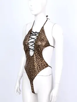 Naiste Seksikas Pesu Faux Nahast Bodysuit Leopard Printida Pits-up Päitsed Sügav V Kaela Backless Cutout Catsuit Leotard Seksikas Kostüüm