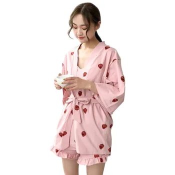 Naiste Kawaii Kimono Pidžaama Jaapani Armas Maasikas Hommikumantel Seksikas Rihm Pesu Sleepwear Sidemega Topid Ja Lühikesed Püksid Nightwear