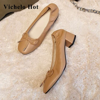 Vichelo Hot kõrge kvaliteediga käsitsi valmistatud kingad ehtne nahk square varba med kand liblikas-sõlm plisseeritud noor daam naised pumbad L31