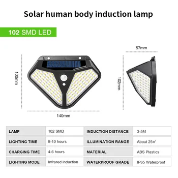 102 LED Solar Power Väljas Aed Õue PIR Liikumisandur Kerge COB/SMD Veekindel Rada Päikese Seina Lamp Tänava Valgus