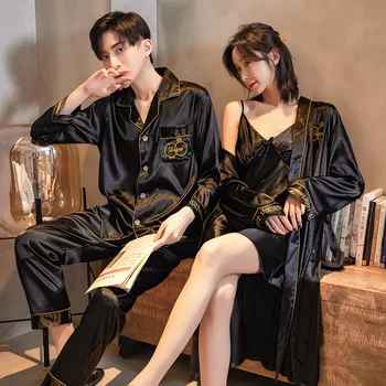 Suvel Paar Kimono Pidžaama Faux Siidist Meeste Pikk Varrukas Püksid Sleepwear Ja Naiste Tikandid Riideid Komplekti
