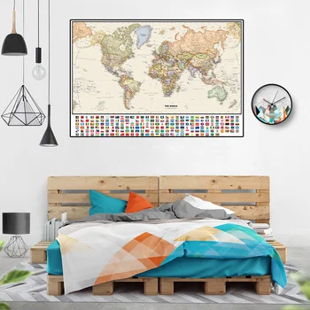 Maailma Poliitiline Kaart, millel Riikide Lippe Vintage Lõuendile Maali Seina Art Plakat Klassiruumis Home Decor Lastele koolitarbed