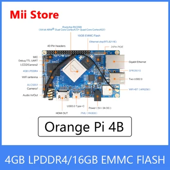 Oranž Pi 4B Ühe pardaarvuti 6-Core ARM 64 Bit Emaplaadi Starter Sisseehitatud NPU Kiip koos Dual 4GB LPDDR4+16 GB MAGISTRIKURSUSE Flash