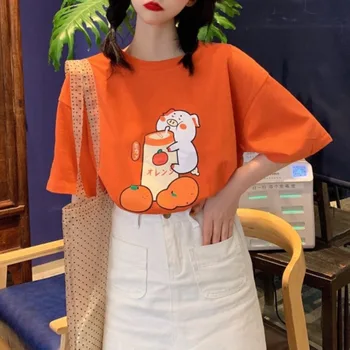 Cartoon Siga Joomine Virsik Apelsinimahl Prindi Japanses Kawaii T-Särk Naiste Harajuku Armas Suvine Vabaaja Tshirt Noored Tüdrukud Tops