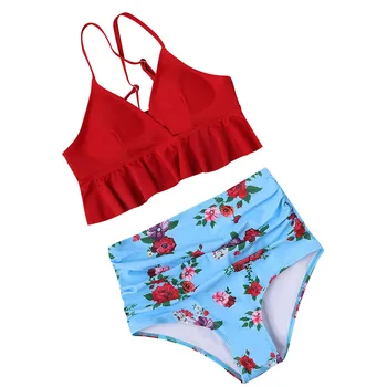 2021 Naiste Sexy Ruffle Kõrge Vöökoht Ujumistrikoo-Punane Prindi Tankini Eraldi Ujumistrikoo Supelda Ujumistrikoo Brasiilia Biquini Beach Kanda